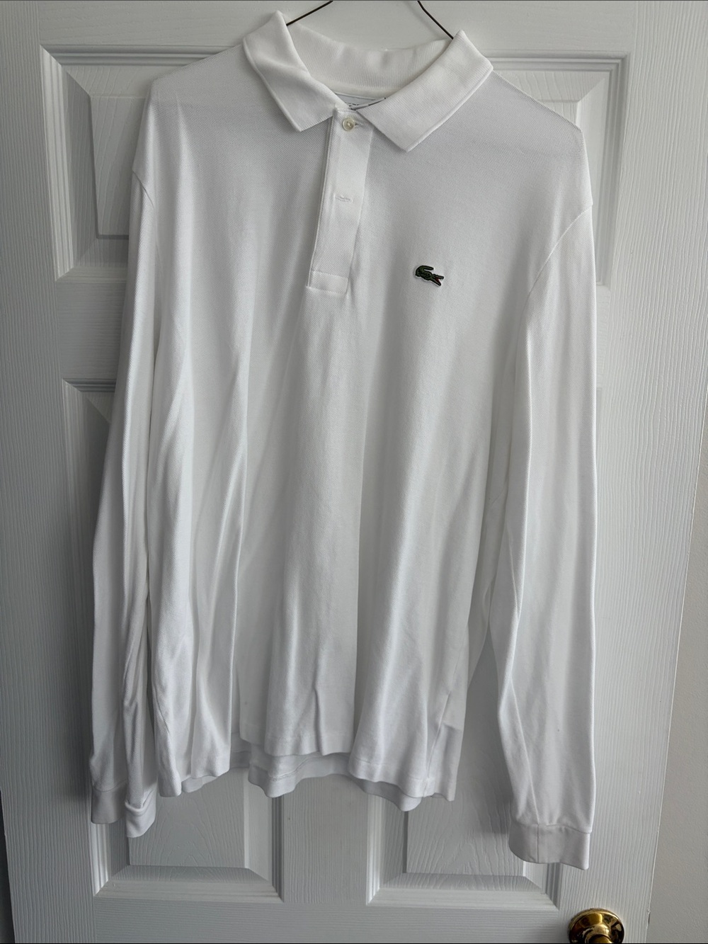 Lacoste White Long Sleeve Polo with Green Crocodile Logo